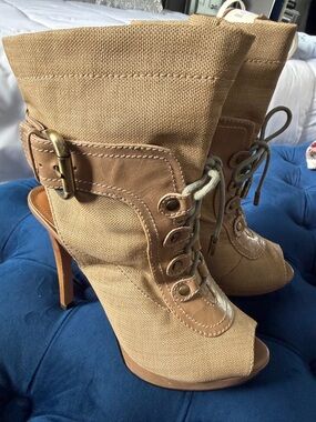 Joan & David Tan Canvas Peep-Toe Lace-Up High Heel Booties